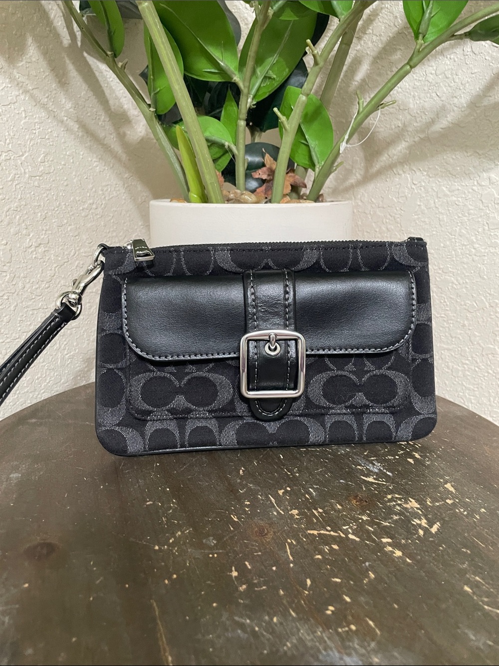 Coach Black Signature Wristlet with Buckle Detail